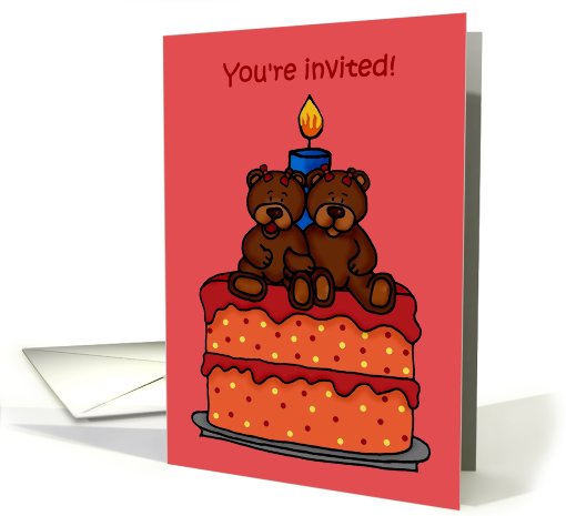 twin girl bears birthday party invitation card (561119)
