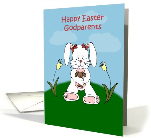 Girl easter bunny sitting on hill to godparents card (575046)