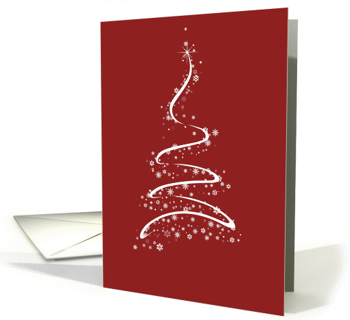 white snowflakes elegant christmas tree on red background card