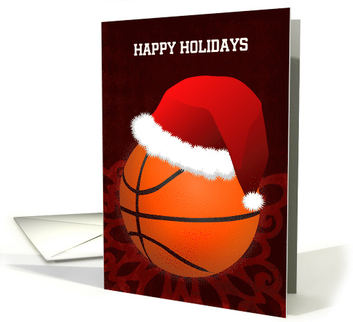 Basketball Ball with Santa Hat on Red Back Custom Text card (876202)