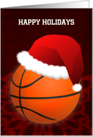 Basketball Ball with Santa Hat on Red Back Custom Text card