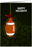 Hanging Football Ball Ornament with Red Bow on Green Back Custom Text card