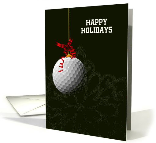 Hanging Golf Ball Ornament with Red Bow on Green Back Custom Text card