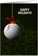 Hanging Golf Ball Ornament with Red Bow on Green Back Custom Text card