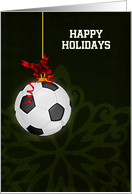 Hanging Soccer Ball Ornament with Red Bow Custom Text card