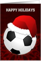 Soccer Ball Wearing Santa Claus Hat on Red Back Custom Text card
