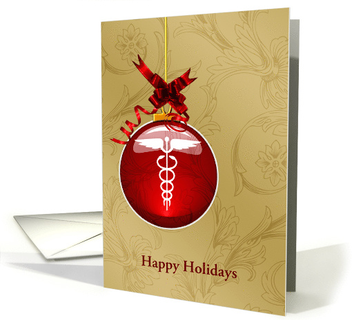 Red and White Medical Caduceus Symbol Ornament Custom Text card