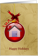 Hanging Red Ornament with Red Bow and House Symbol Custom Text card