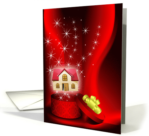 New House Coming Out of Gift Bix on Red Sparkle Like Back card