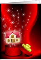 New House Coming Out of Gift Bix on Red Sparkle Like Back card
