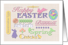 Happy Easter with Text Bunnies Chicks Eggs and Flowers card