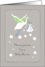 White Stork Flying Among Stars with a Baby Bundle card