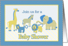 Cute Safari Animals In Blue and Yellow Invite You to a Baby Shower card