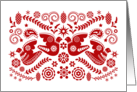Holidays Scandinavian Motifs with Birds Stars and Pine Cones in Red card