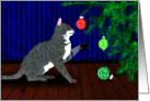 Gray Striped Cat Playing with a Christmas Tree Ornament card