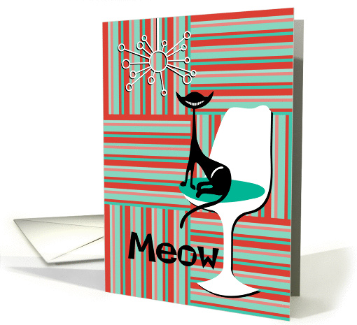 Atomic Cat Birthday Red Aqua with Cat Sitting in White Chair card