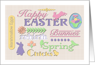 Happy Easter with Text Bunnies Chicks Eggs and Flowers card