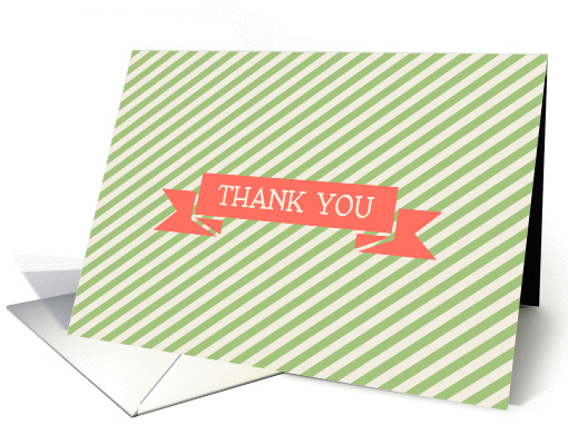 Cream Green Lime Stripe with Coral Ribbon Thank You Blank Inside card