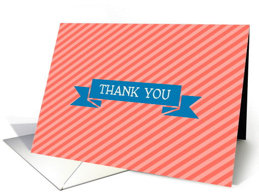 Coral Orange Stripe with Bluel Ribbon Thank You Blank Inside card