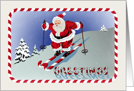Vintage Santa Hits the Ski Slopes on His Candy Cane Skis card