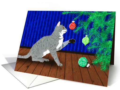 Gray Striped Cat Playing with a Christmas Tree Ornament card (1751584)