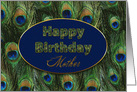 Birthday, Mother,Blue and Green Peacock Feathers with Text in Oval card