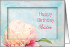 Birthday, Sister, Delicate Peony Flower on Soft Blue Background card
