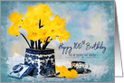 100th Birthday, Lady, Daffodils in Vintage Vase, Blue and White Cup card