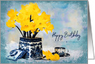 Birthday, Special Lady, Daffodils in Vintage Vase by Cup, Blue & White card