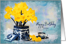 Birthday, Sister, Daffodils in Blue & White Vintage Vase by coffee cup card