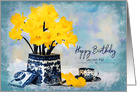 Birthday, Secret Pal, Daffodils in Vintage Vase by Coffee Cup card