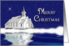 MERRY CHRISTMAS, COUNTRY CHURCH, SNOW SCENE on BLUE card