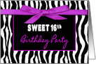 Sweet 16th Birthday Party Invitation, Zebra Pattern with Fuchsia Bow card