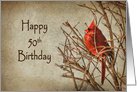 50th Birthday with Red Cardinal Perched on Branches. card