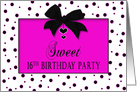 Sweet 16th Birthday Party Invitation, Black Polka Dots & Fuchsia, Bow card