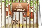 First Birthday Party Invitation, Monkeys Playing in Zoo Cage, Name card