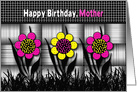 Birthday, Mother, Bright Colorful Abstract Daisies on Black Patterns card