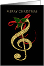 Christmas, Musical, Gold G Clef on Black, Holly Leaves/Berries card