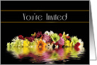 Invitation, Reflections of Colorful Flowers on black, Blank Card