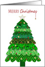Christmas, Layers of Assorted Patterns and Ornaments Christmas Tree card