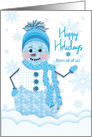 Happy Holidays, From All of Us,Snowman in Assortment of Blue Patterns card