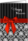 Christmas,Happy Holidays, Fancy Black White Pattern with Red Faux Bow card