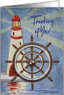 Thinking of You, Lighthouse with Ship’s Wheel in forefront, Blank card