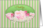 Thank You, Beautiful Delicate Peonies and Roses inset in Oval, Blank card