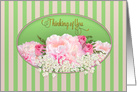 Thinking of You, Pretty Delicate Peonies & Roses inset in Oval, Blank card