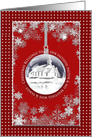 Christmas, Pastor & Family, Red Ornament with Country Church In Winter card