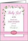 Baby Girl Baby Shower Invitation, Name Insert, Pink, Polka Dots & Flow card