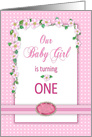 Baby Girl’s 1st Birthday Invitation, Pink Flowers & Polka Dots card