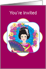 You’re Invited, Asian Woman in Her Culture Attire, Umbrella/Fan card