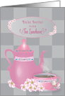 Invitation, Tea Luncheon, Pink Teapot and Cup of Tea, Flowers on Gray card